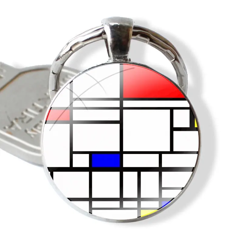 Piet Mondrian Abstract Art Keychain Handmade Glass Cabochon Key Ring Holder Pendant Key Chains