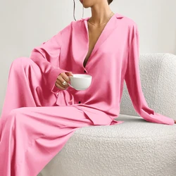 Women Pajama Sets Satin Silk Sleepwear Low Cut Sexy Pajamas For Woman Single-Breasted Long Sleeves Wide Leg Pants Trouser Suits