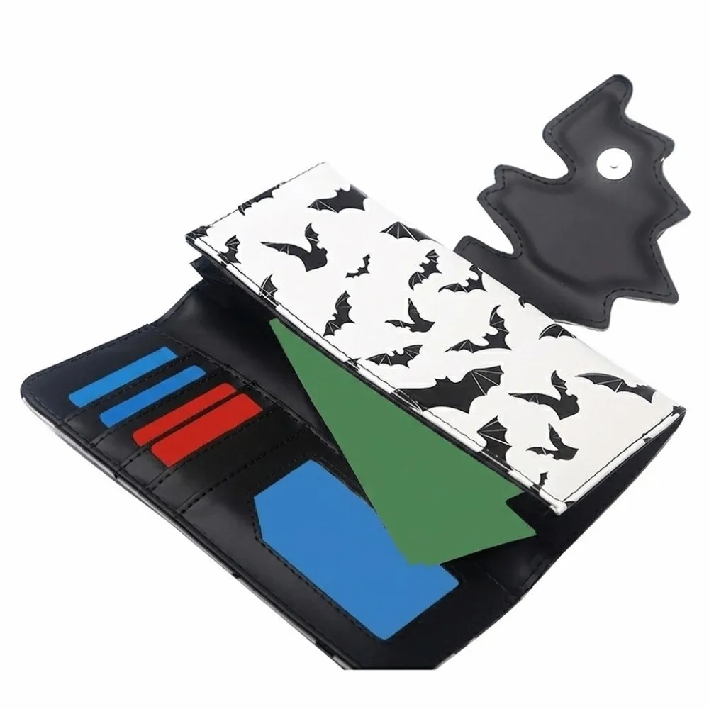 Multi-Functional Bat Ghost Print Wallet Long Strap Large Capacity Foldable Coin Purse Portable Buckle Design