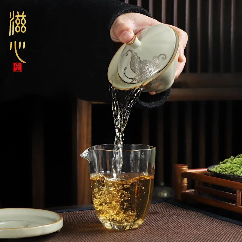 High-End Jingdezhen Freehand Drawing Silver Brushwork Sancai Gaiwan Tea Cup Ru Ware Natural Crack Bowl Single Kung Fu Set
