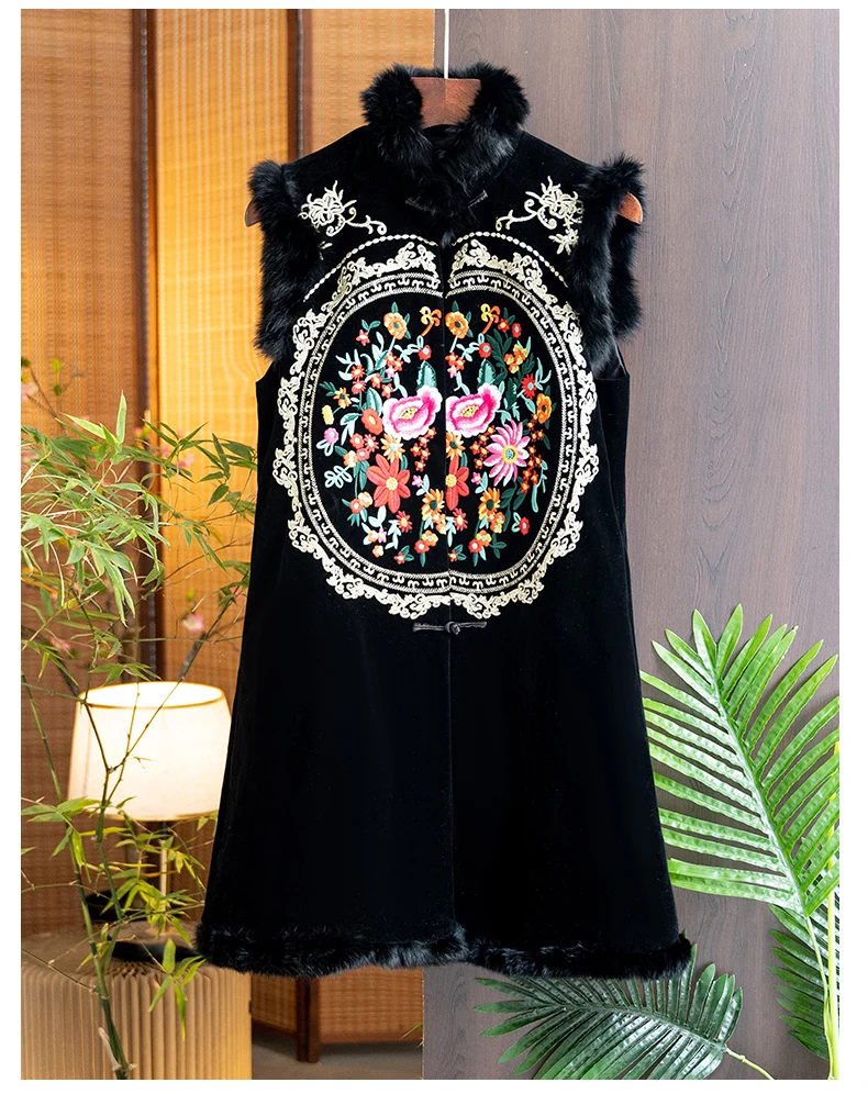 Stand Collar Splicing Rabbit Fur Vest Women Autumn And Winter New Chinese Style Flowers Embroidery Sleeveless Coat S-XXL