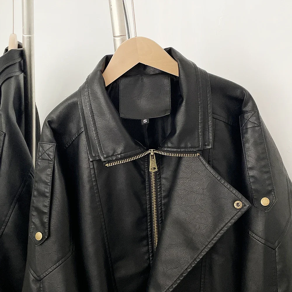 OFTBUY Großhandel Modische Schwarze Kunstleder-Lokomotivjacke für Damen, Neue Frühlings- und Herbstkleidung, Mantel – Detail 5