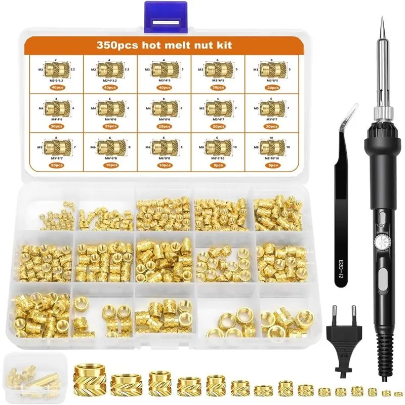 EU Plug Soldering Iron With 350Pcs Thread Inserts, Heat-Set Insert Tip Set- 6Pcs Heat-Set Insert Tips(M2-M8)