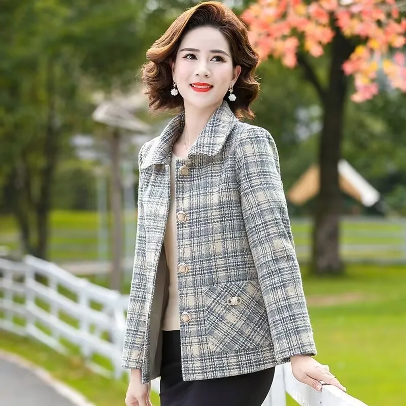 

Middle Aged Mother Long Sleeves Coat High-grade Women Fashion Lattice Jacket Spring Autumn Ladies Large Size 5XL Woolen Outwear
