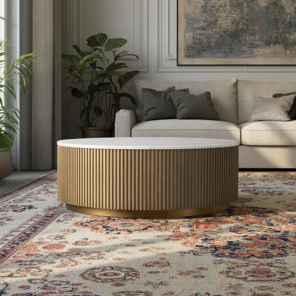 Modern Solid Oak Round Coffee & Tea Table with Reed Design Top marble for Living Room Furniture