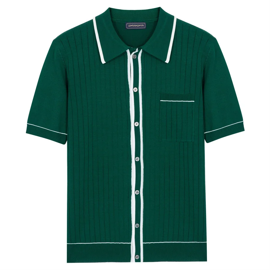 Green Knitted Short Sleeve Men Polo Shirt Casual Knitwear Tees Lapel Button Down Cardigan Men\'s Clothing Breathable Tops T-shirt
