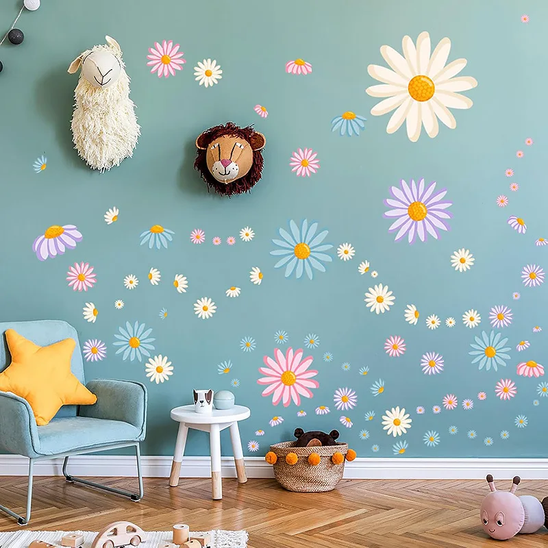Наклейки на стену в стиле бохо с ромашками, наклейки для украшения детской комнаты, цветы, наклейки для детского сада, гостиной