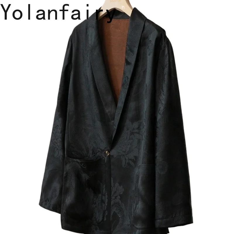 YOLANFAIRY High-end 100% Mulberry Silk Shirts Woman Suit Jacket One Button Gambiered Silk Jacquard Blazer Loose Elegant Top Coat