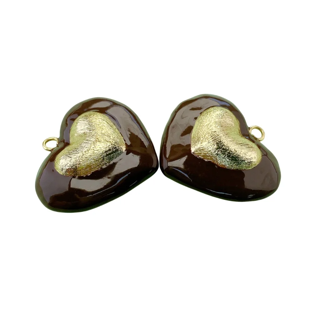 2 Pcs French Large Heart Enamel Pendant for Diy Necklace Making Copper Gold Plated Three Dimensional Charm Jewelry Accessories