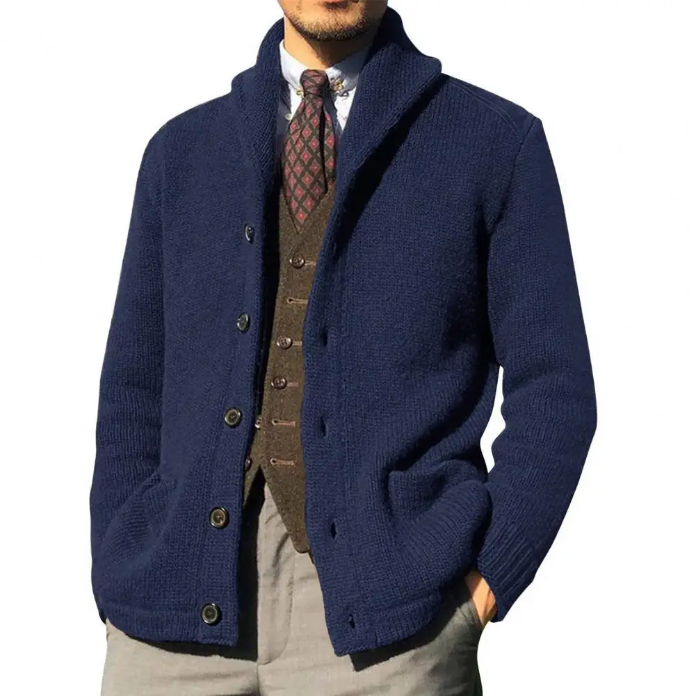 Men Knitted Coat Lapel Long Sleeve Pockets Thickened Cardigan Sweater Men Autumn Solid Buttons Placket Knitted Coat for Work