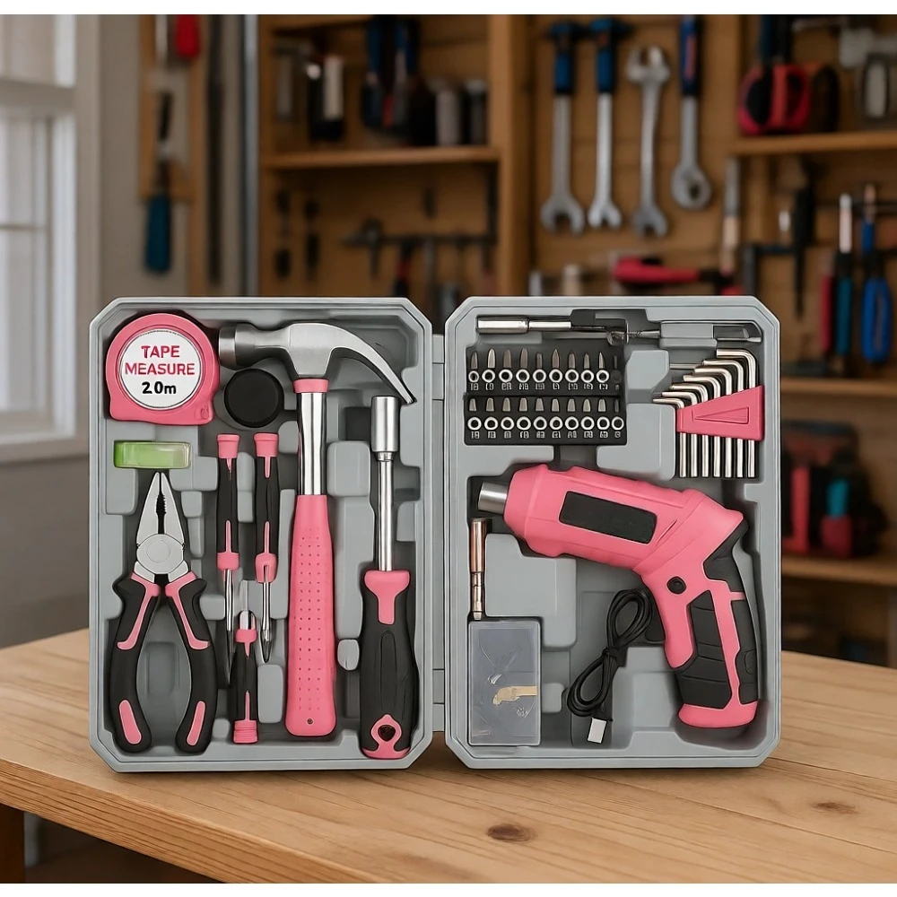 

42 Piece Pink Cordless Electric Screwdriver and Home Tool Kit Compact Storage Case