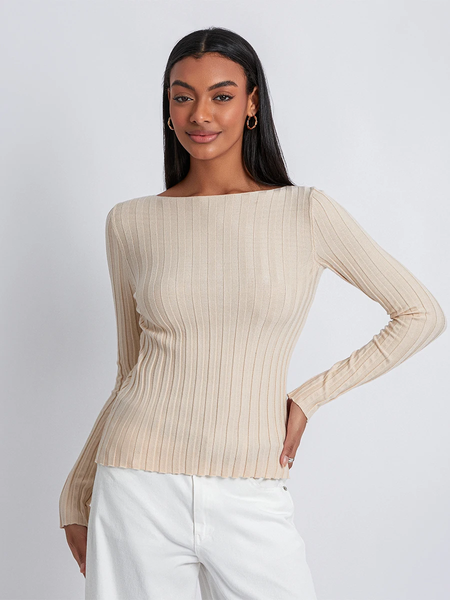 Fashion Crew Neck Knitted Ribbed Sweaters Streetwear For Women Solid Slim Basic Long Sleeve Pullover Tops Female Jumpers 2023