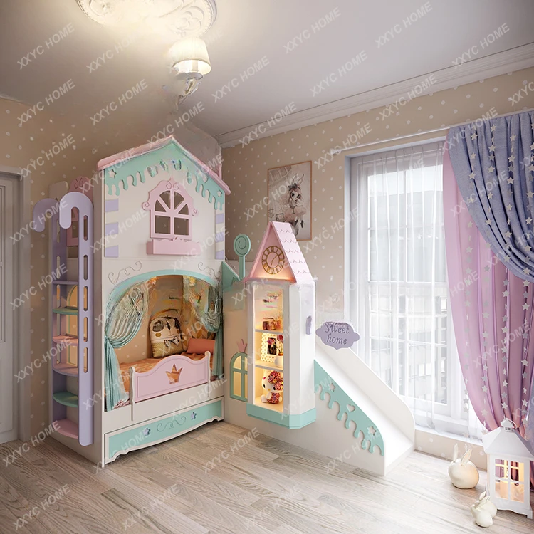 Girls' Castle Bed Multifunctional Storage Princess House Bed Combination Upper and Lower Solid Wood Double-Layer Children's Bed