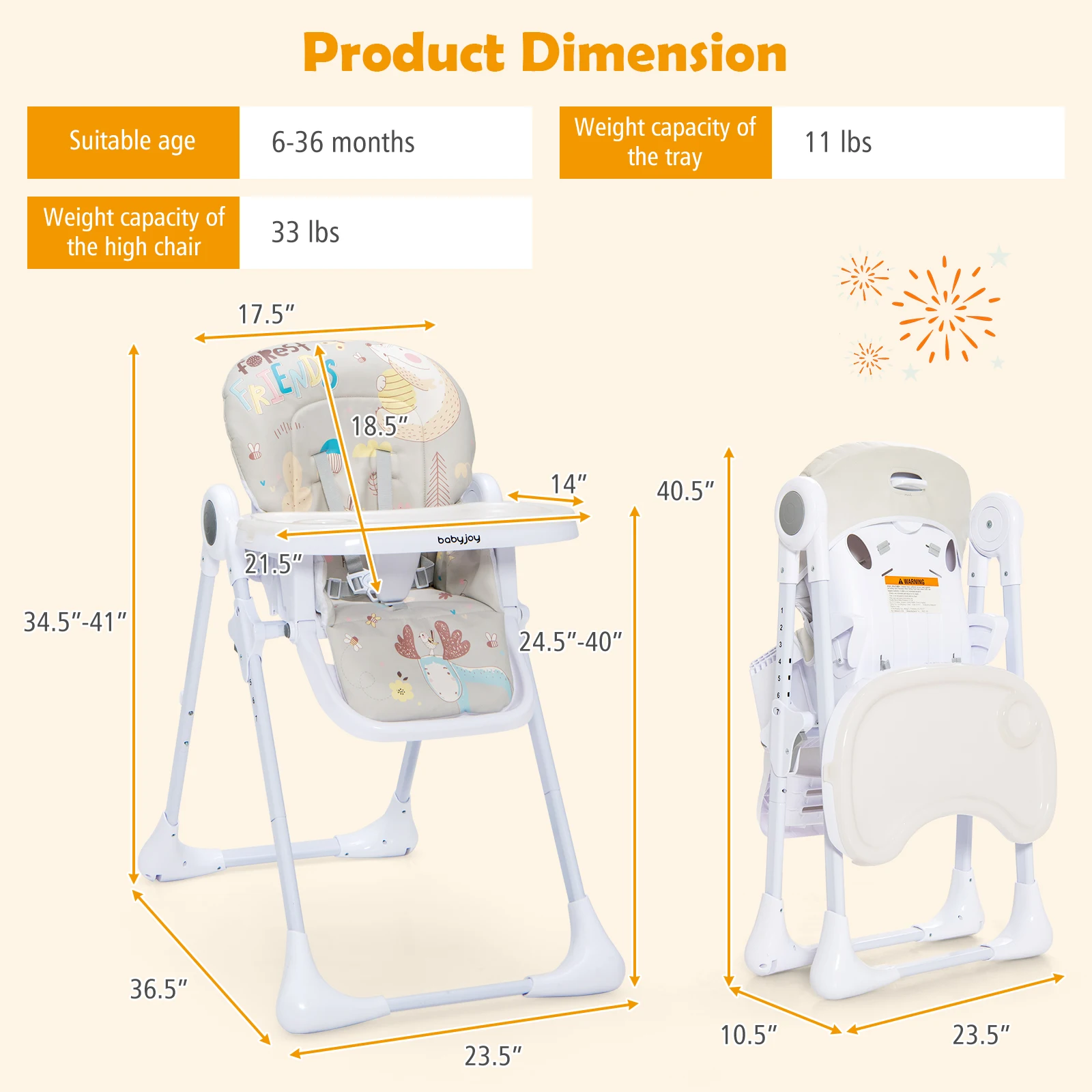 Baby High Chair Folding Feeding Chair W/ Multiple Recline & Height Positions