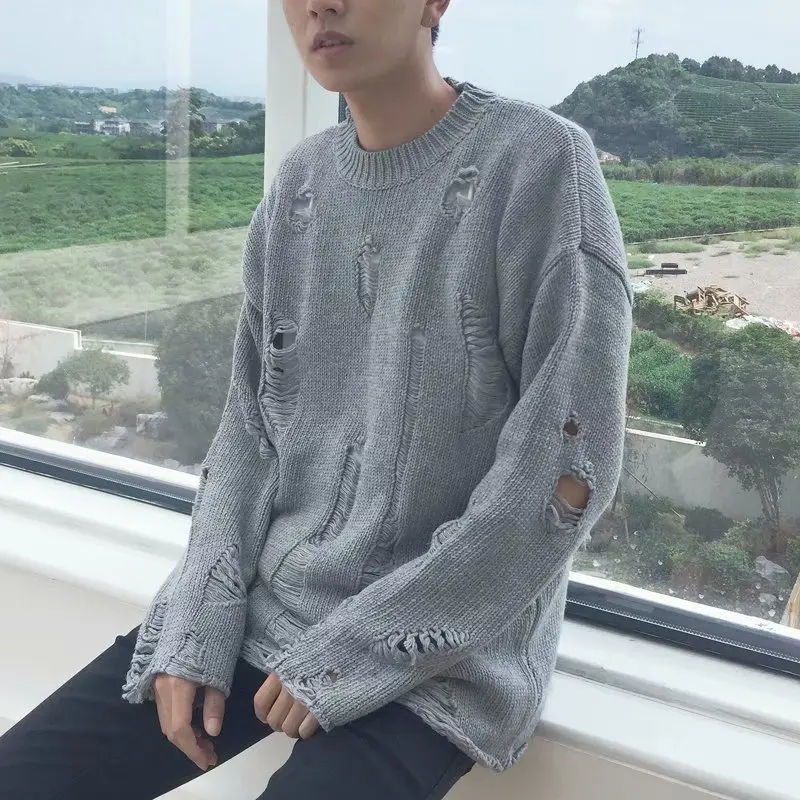 Men Women Streetwear Hip Hop Pullovers Jumper Fashion Oversized All-match Men Spring Wash Hole Ripped Knit Sweaters