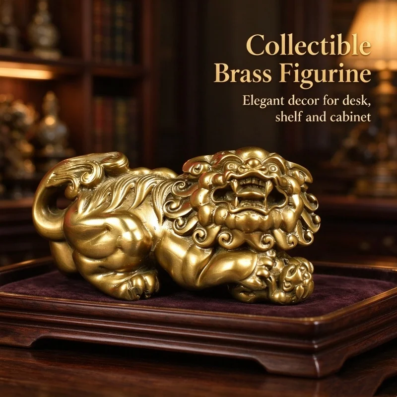 Solid Brass Chinese Foo Lion Figurine Oriental Guardian Lion Statue Feng Shui Desk Home Office Decor Collectible Craft Gift
