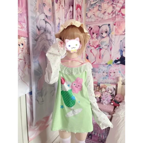 Camisas holgadas de gran tamaño para mujer, camiseta informal de manga larga Y2k, camisetas japonesas Kawaii dulces Harajuku 2024