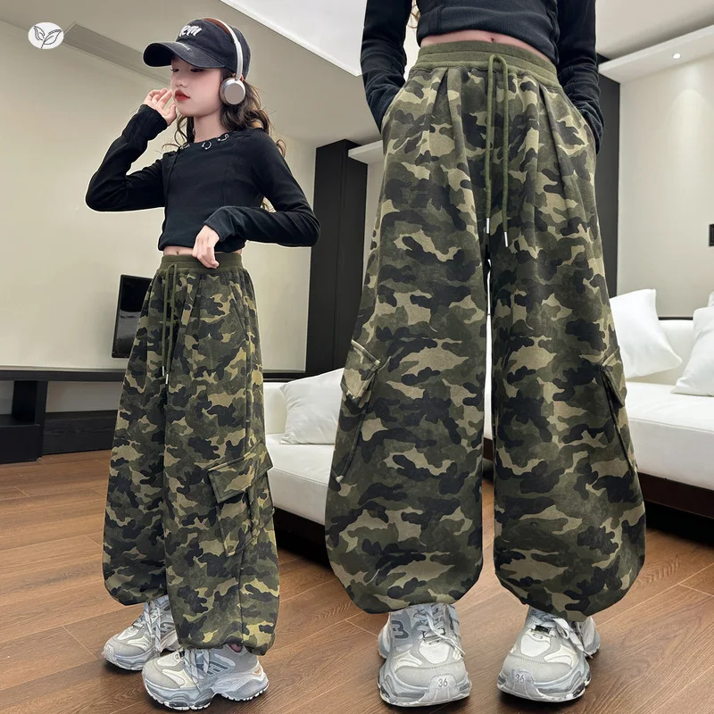 Girls Camo Cargo Pants Spring Fall 2026 New Large Pocket Wide Leg Middle Big Kids Loose Straight Leg Long Pants