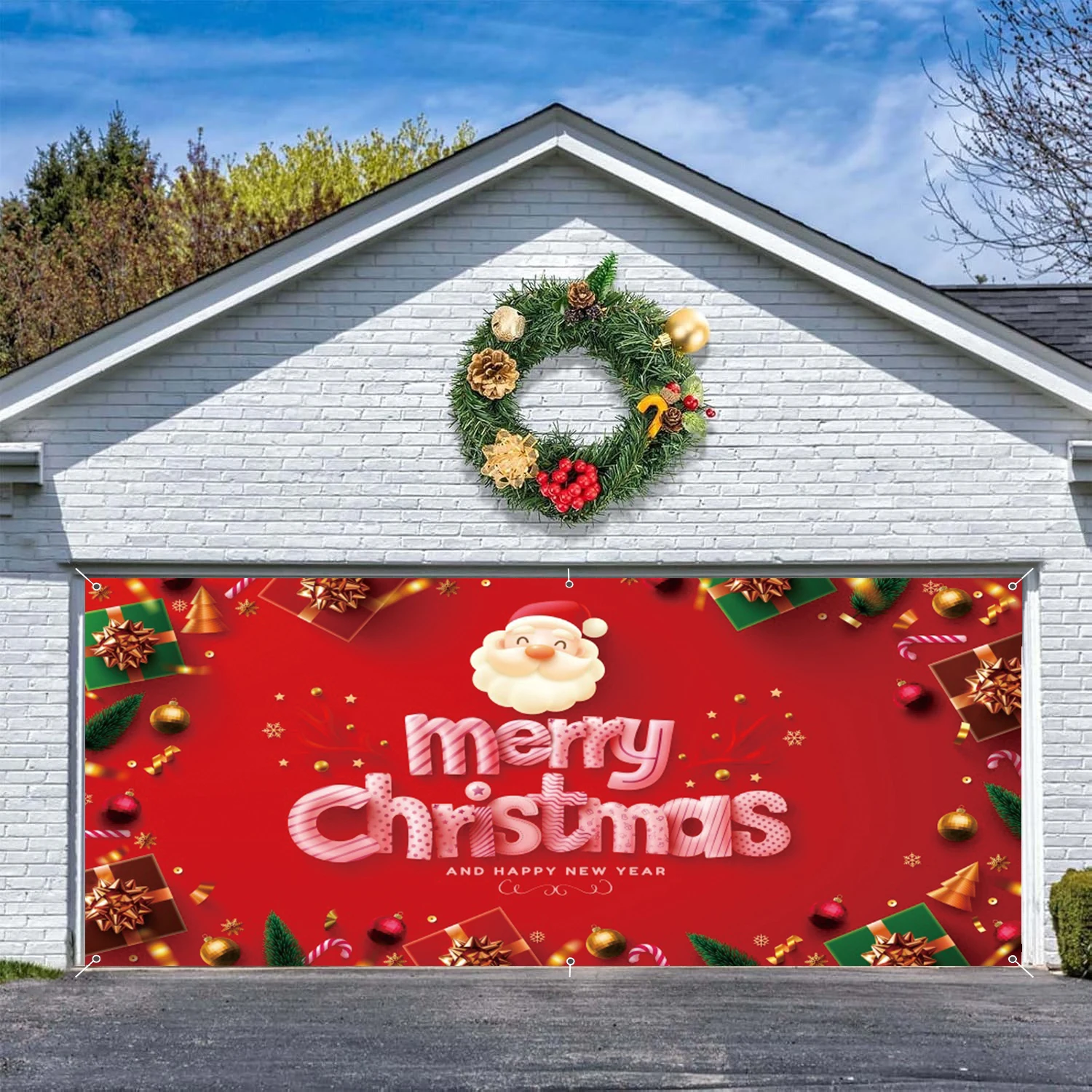 Christmas Garage Door Banner Merry Christmas Theme Red Bells Vibrant For Patio Wall Hanging Background Car Entrance Decoration