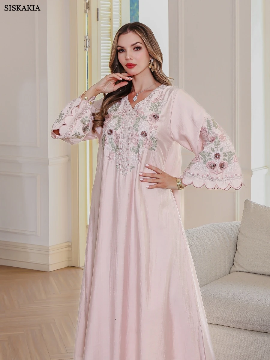 Siskakia luxe broderie florale femme robe de soirée col en v Abayas dubaï pétale manches Caftan marocain