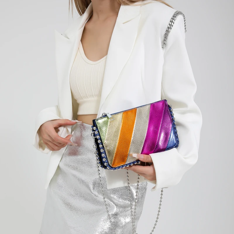 Fashion Small Rainbow Colorful Stripes Handbag Women PU Leather Patchwork Square Flap Metal Chain Cross Body Shoulder Bag