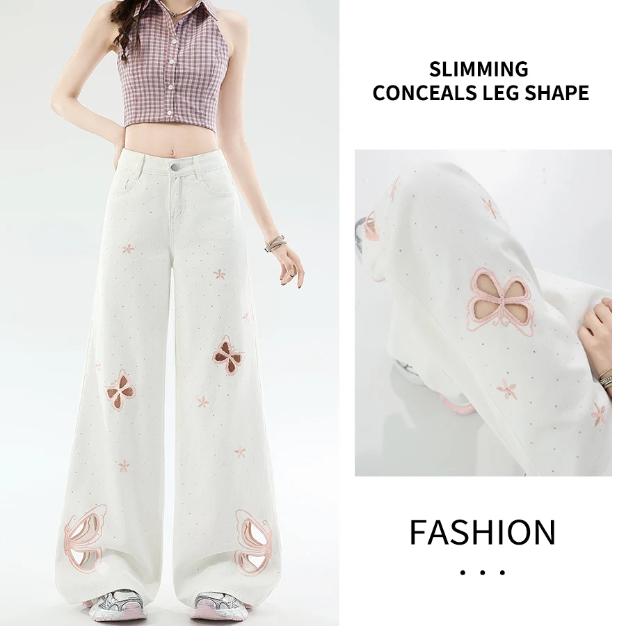 Women High Waist Loose Straight Wide Leg Jeans Butterfly Cutout Rhinestone Thin White Denim 2026 Summer New Arrival