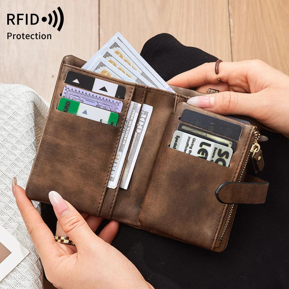 

Женский короткий кошелек с защитой от RFID, тройного сложения, с множеством отделений для карт, с карманом на молнии для монет, многофункциональный кошелек.