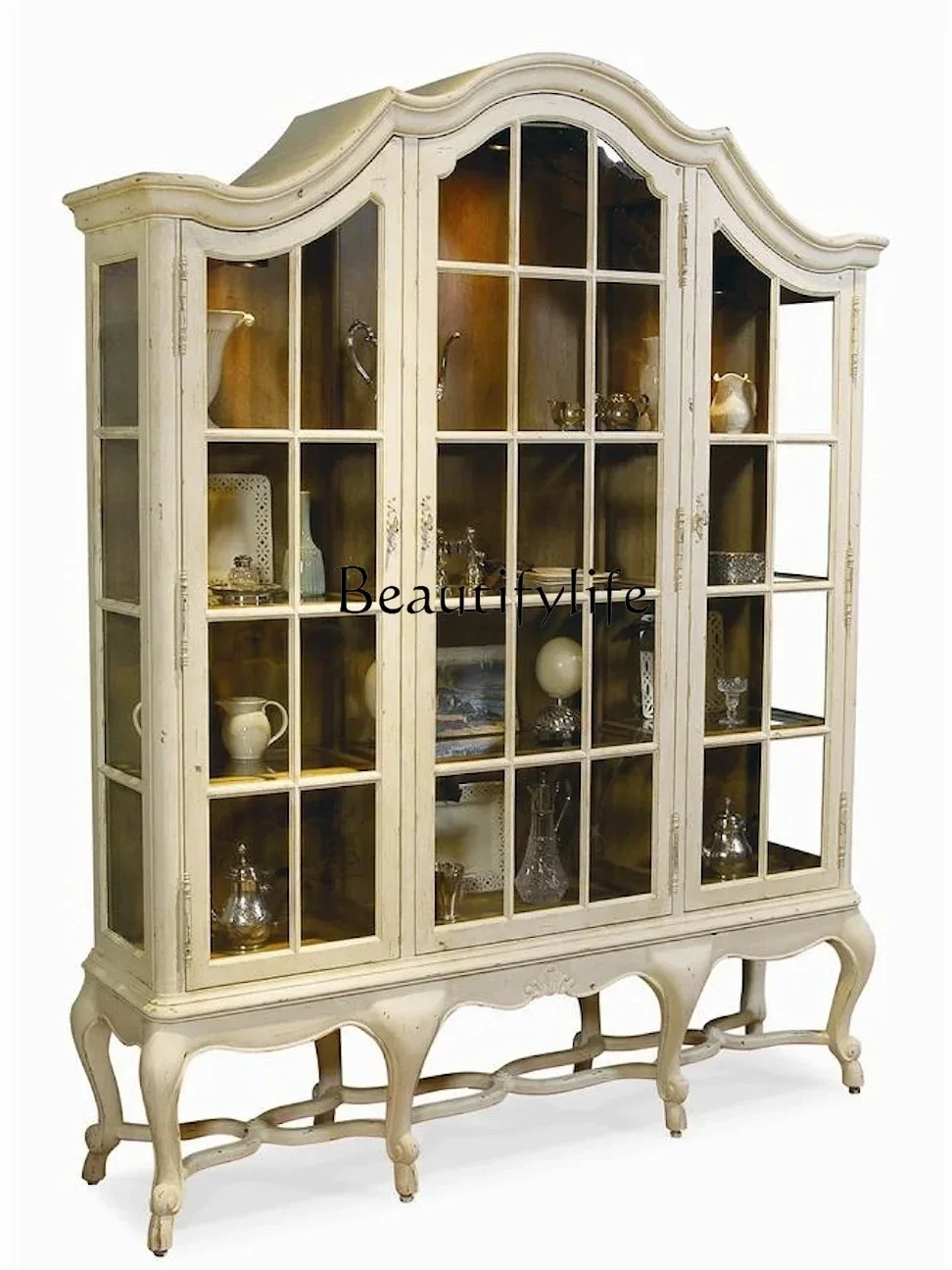 Q S American Style French Style Solid Wood Curved Glass Curio Cabinet Vintage Display Carved Carved Bookcase Sideboard Cabinet