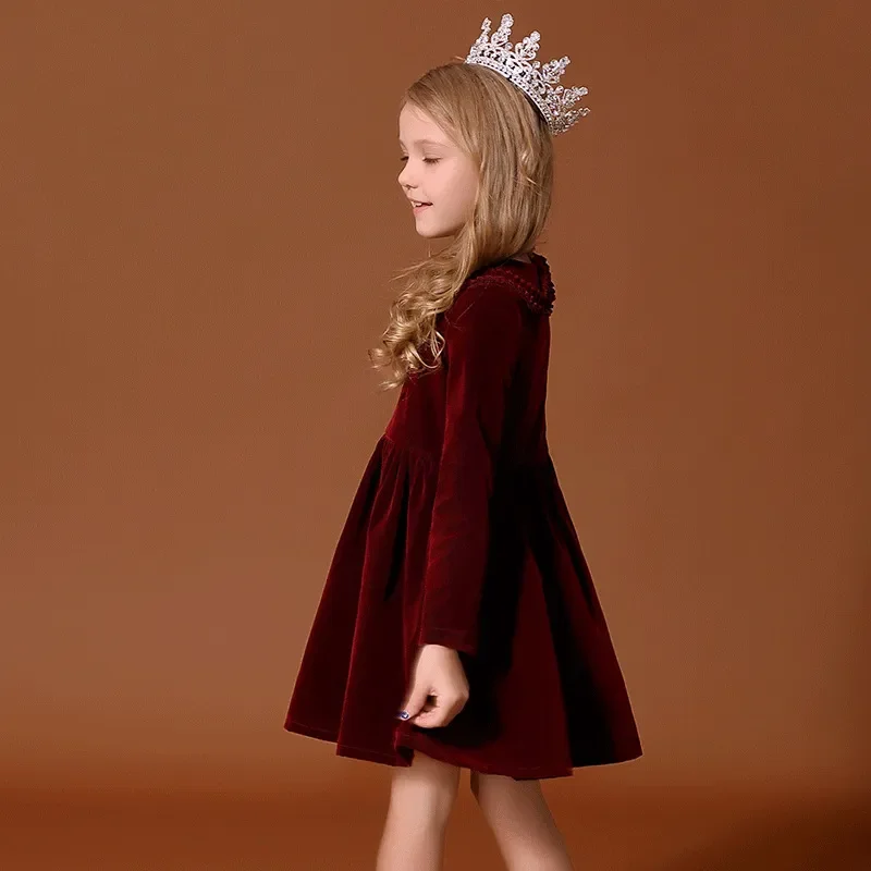 2024 Vintage Velvet Dress for Girls Infants Girl Autumn Chirstmas Wine Red Dresses Children Princess Birthday Partywear Outfits