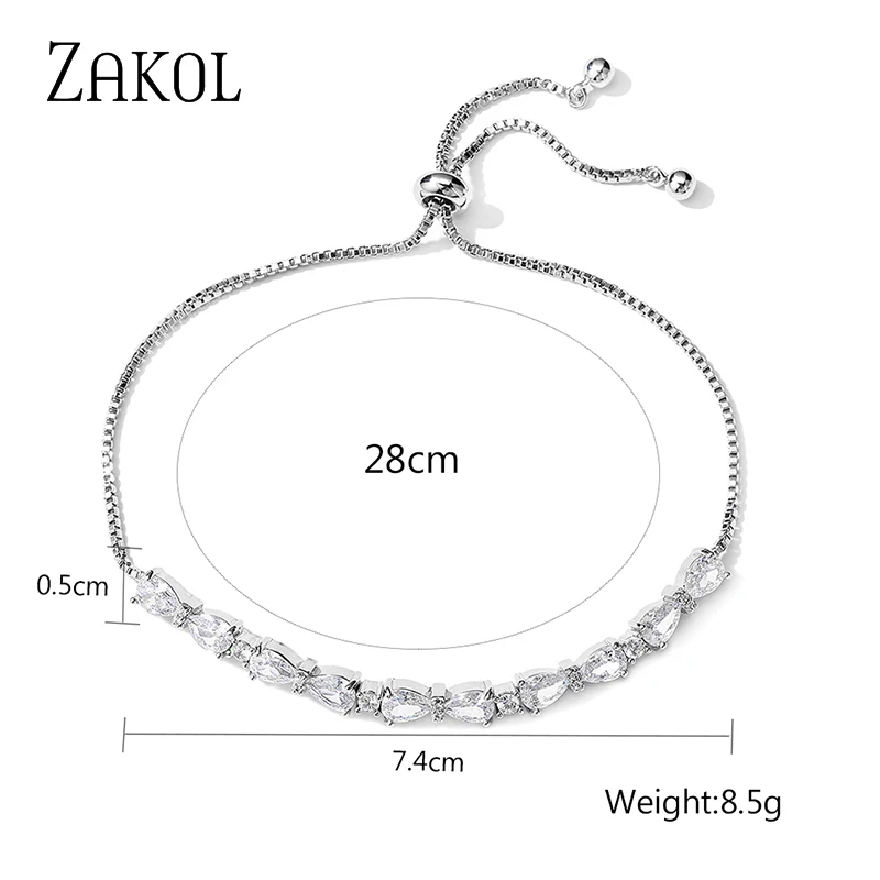 ZAKOL Simple Water Drop Zirconia Adjustable Bracelets for Women Fashion Wedding Party Anniversary Jewelry Gifts BP1021