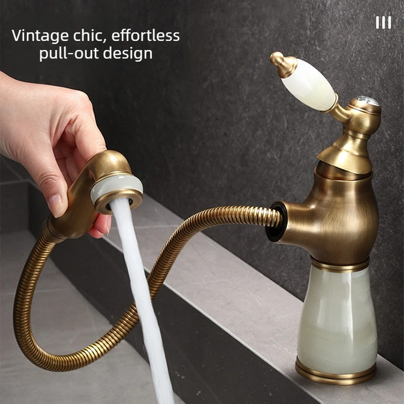 Retro luxury pull-out basin faucet for bathroom and kitchen counter - natural jade stone cold and hot water faucet