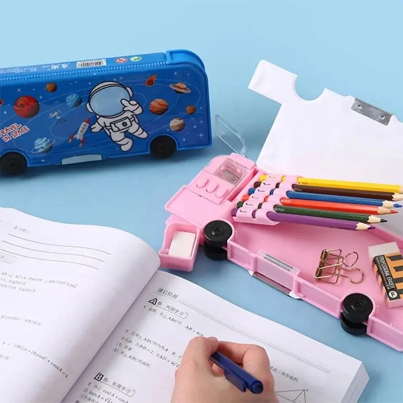 

Double Layer Pencil Case With Pencil Sharpener Car Shaped Pencil Box Astronaut/Animal Pattern Plastic Stationery Organizer