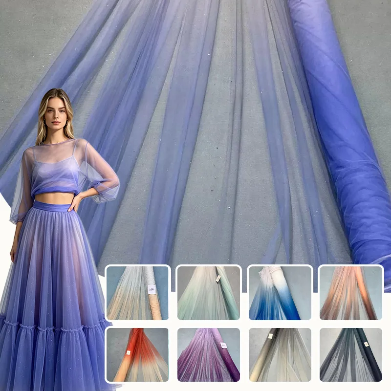 Graduated Colorful Tie Dyed Tulle Fabric with Gradient Colors Mesh Super Soft Ombre Tulle Net Lace for Prom Party Dress 5 Yard