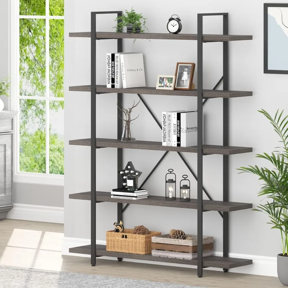 5-tier bookshelves, industrial modern bookshelves, large rustic wood, metal bookshelves, open wide vertical bookshelves