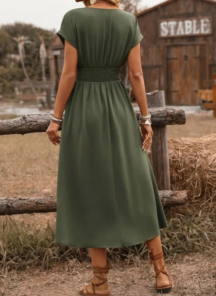 Woman Clothing Deep V Neck Wrap Midi Dress Short Sleeve Tie Waist Casual Boho Style