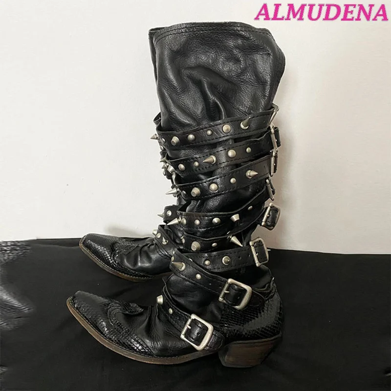 

Black Studded Belt Western Boots Women Vintage Leather Pointy Toe Chunky Heel Cowboy Boots Punk Knee High Boot Designer Shoes