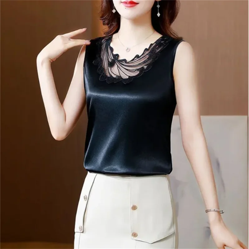 Satin Sleeveless Top For Women Camisole Mesh cut-out Lace Bottom Suspenders Summer Woman Clothes Vest Sexy Female Tank Top