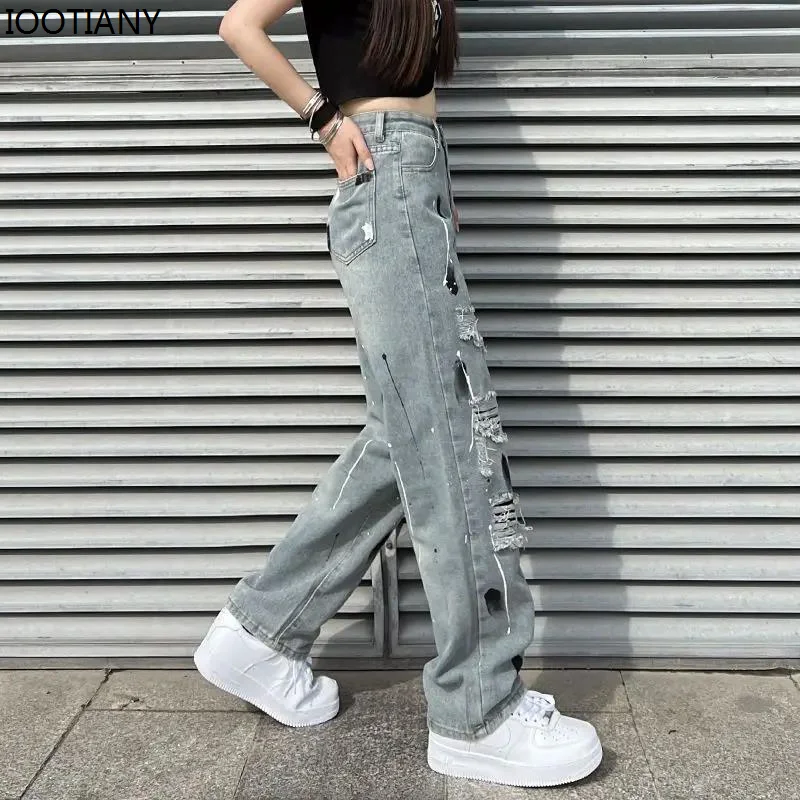 Women Summer Denim Long Pants Vintage Jeans High Waist Fashion Ripped Splash Ink Trouser Loose Straight Floor Mopping Streetwear