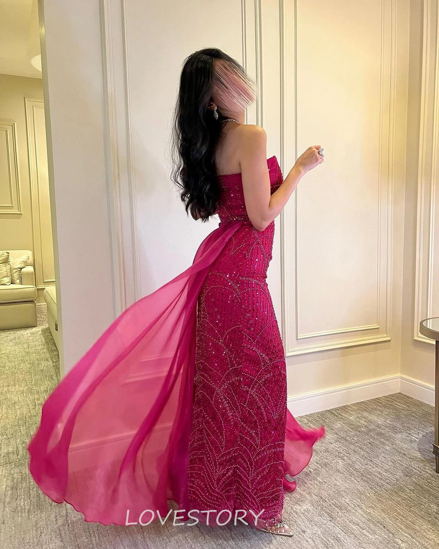 Customized Luxury Beaded Prom Dresses Strapless Long Elegant Party Evening Formal Dress Fuchsia Saudi Arabia Women Gown Train