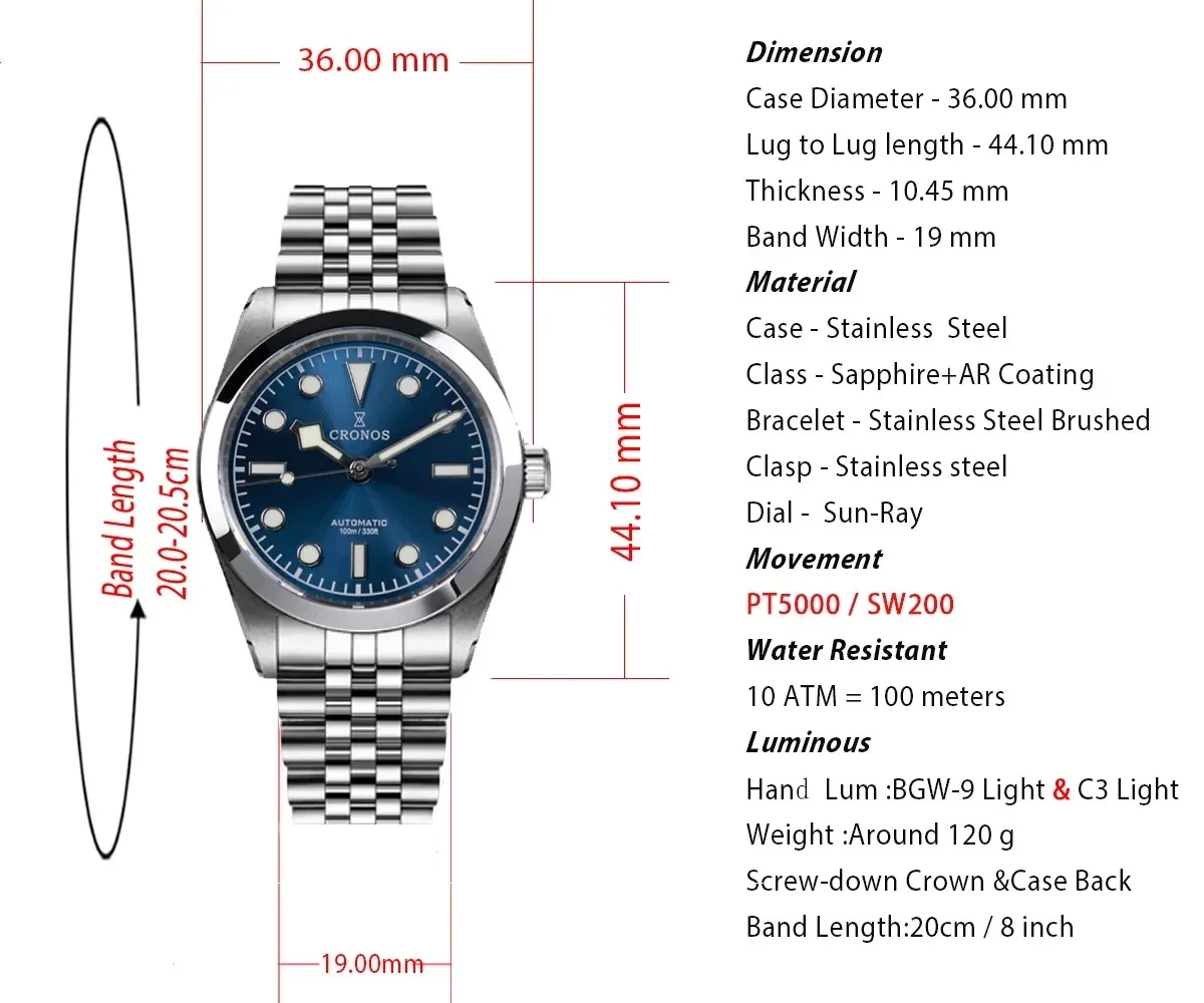 Cronos BB36 Mechanical Watches PT5000 Automatic Movement 100m Waterproof Luxury Men BGW9 Luminous Sapphire Glass L6036M Watches