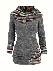 Y2K retro geometric stripe stitching hooded knit top long sleeve fake button knit top