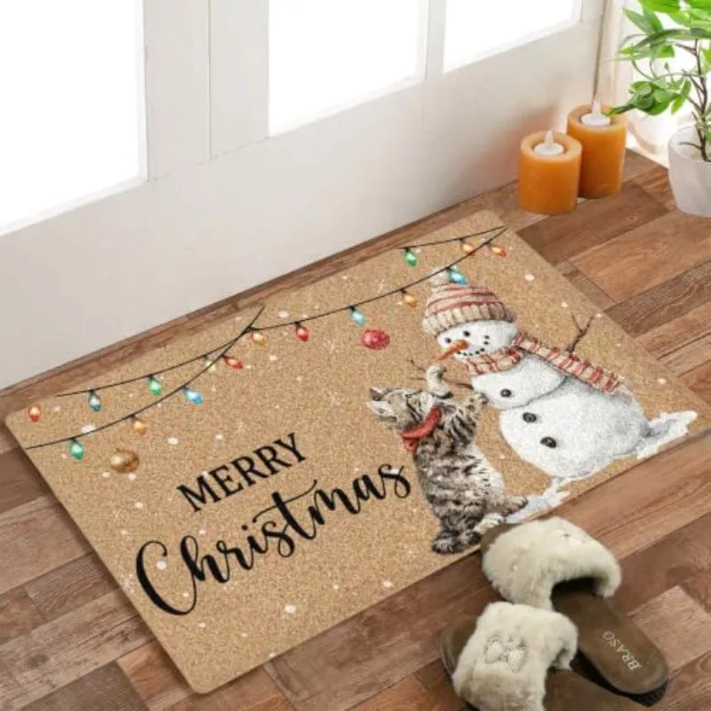 Merry Christmas Cat Doormat Xmas Lights Snowflake Bell Pattern Floor Rug Holiday Art Mat for Entry Front New Year Housewarming