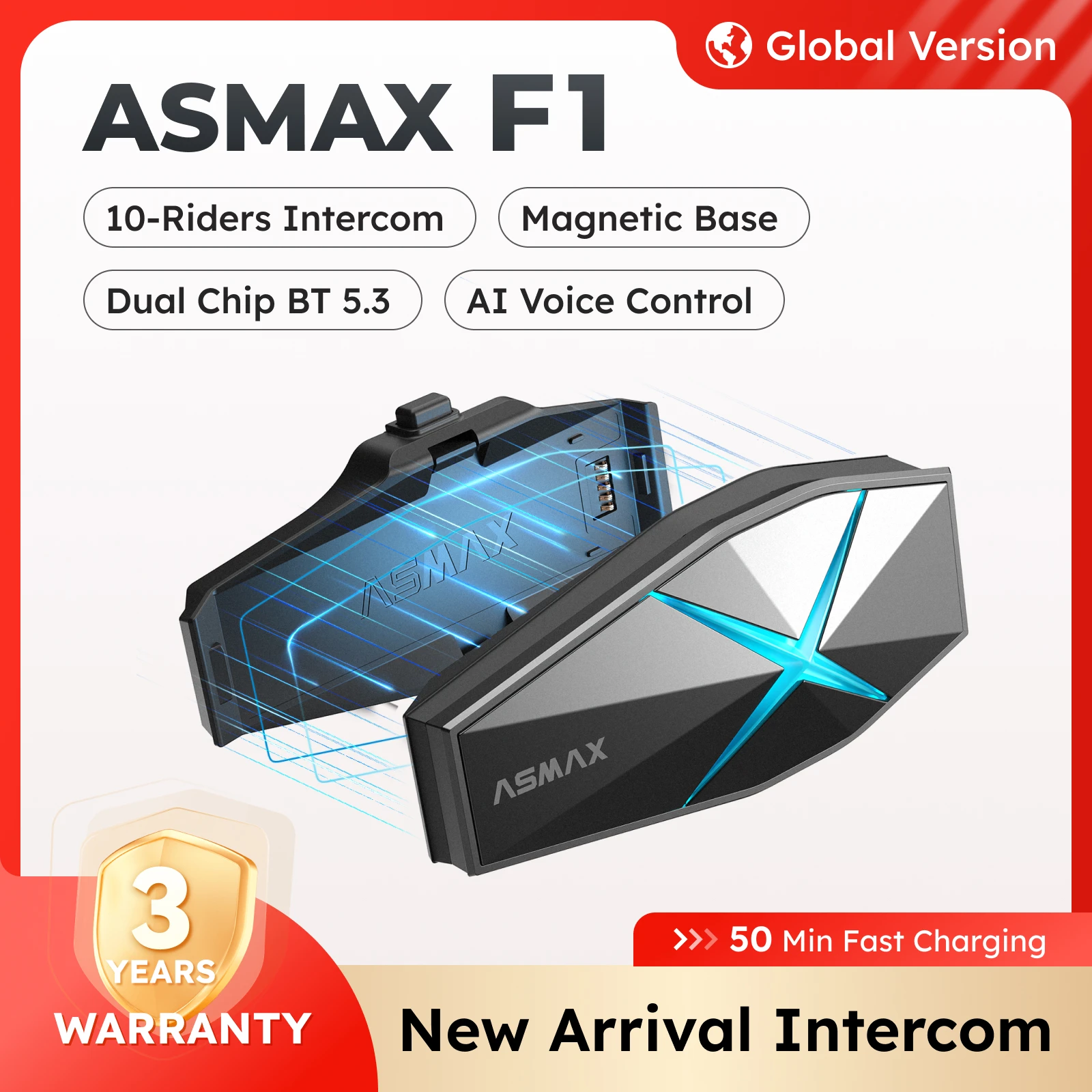 ASMAX F1 오토바이 블루투스 헤드셋, 10 라이더 메쉬 헬멧 통신 시스템, AI 음성 제어 인터콤, 50 분 충전, 한국어 음성 안내 스노모빌/스키/ATV에 적합합니다