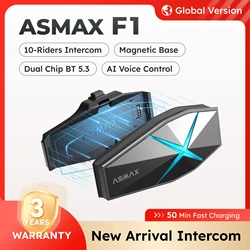 ASMAX F1 Motorcycle Bluetooth Headset 10 Riders Mesh Helmet Communication Systems AI Voice Control Intercom 50min Charging