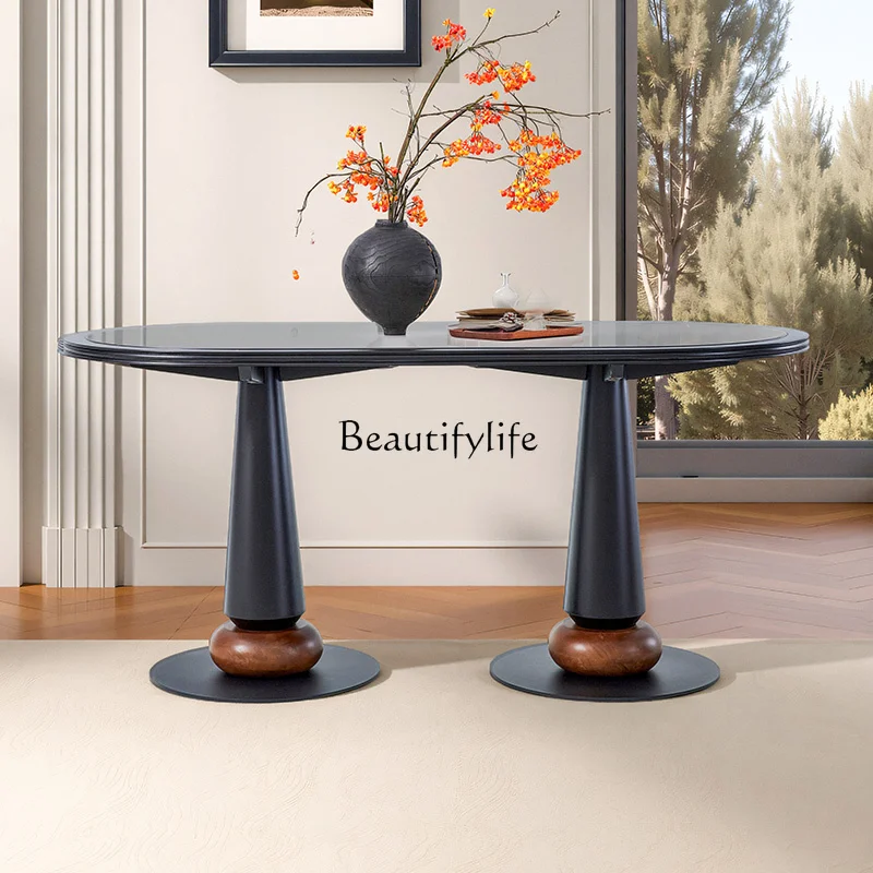 

*French retro all-solid wood dining table, antique rock slab simple oval table
