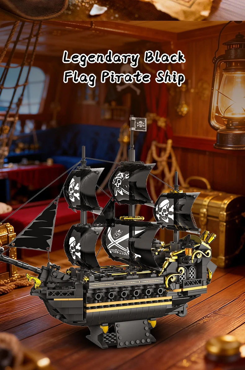 Geheimnisvolles Piratenschiff-Bausteinmodell in Schwarz-Gold-Farbschema, 3D-Puzzle-Herausforderung, Sammlerstück Marineschiff, Fördert Kreativität und Fähigkeiten – Detail 2