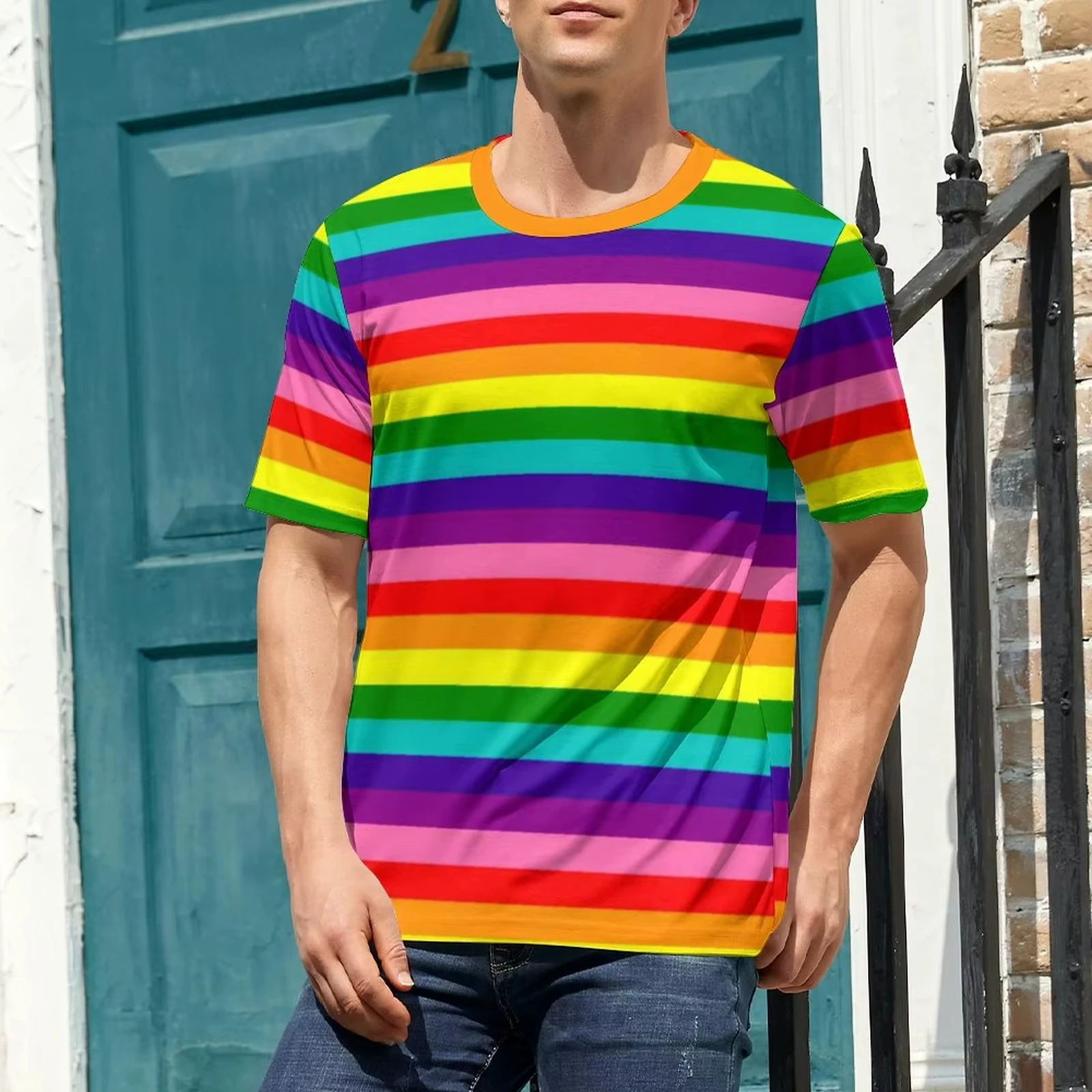 Marineblaues Vintage-T-Shirt mit breiten Streifen im 90er-Jahre-Stil für Erwachsene, Unisex, Rundhalsausschnitt, Geschenke, Regenbogen-gestreiftes Herren-T-Shirt