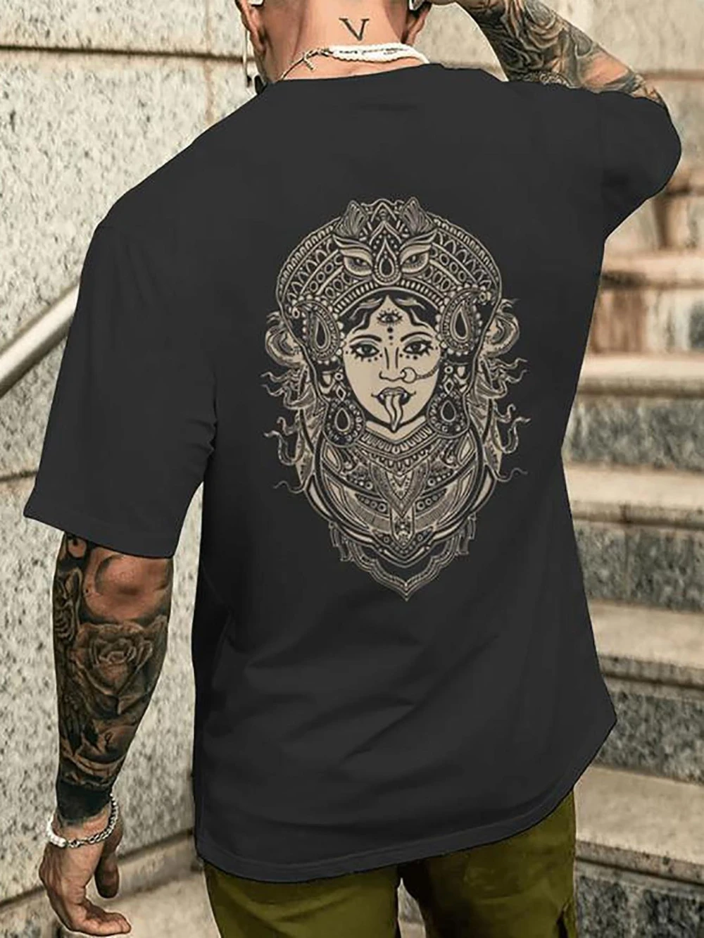 Men'S Casual T-Shirt Exquisite Print on The Back Psytrance Goa Rave Mystical Yoga Design Black Pattern T-Shirt Fit Short Sleeves