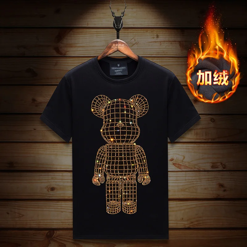 

Plus Size Rhinestones Bear T Shirts Men Winter Thick Velvet Clothes Fashion Streetwear Short Sleeve O Neck Slim Tshirts Man Tops