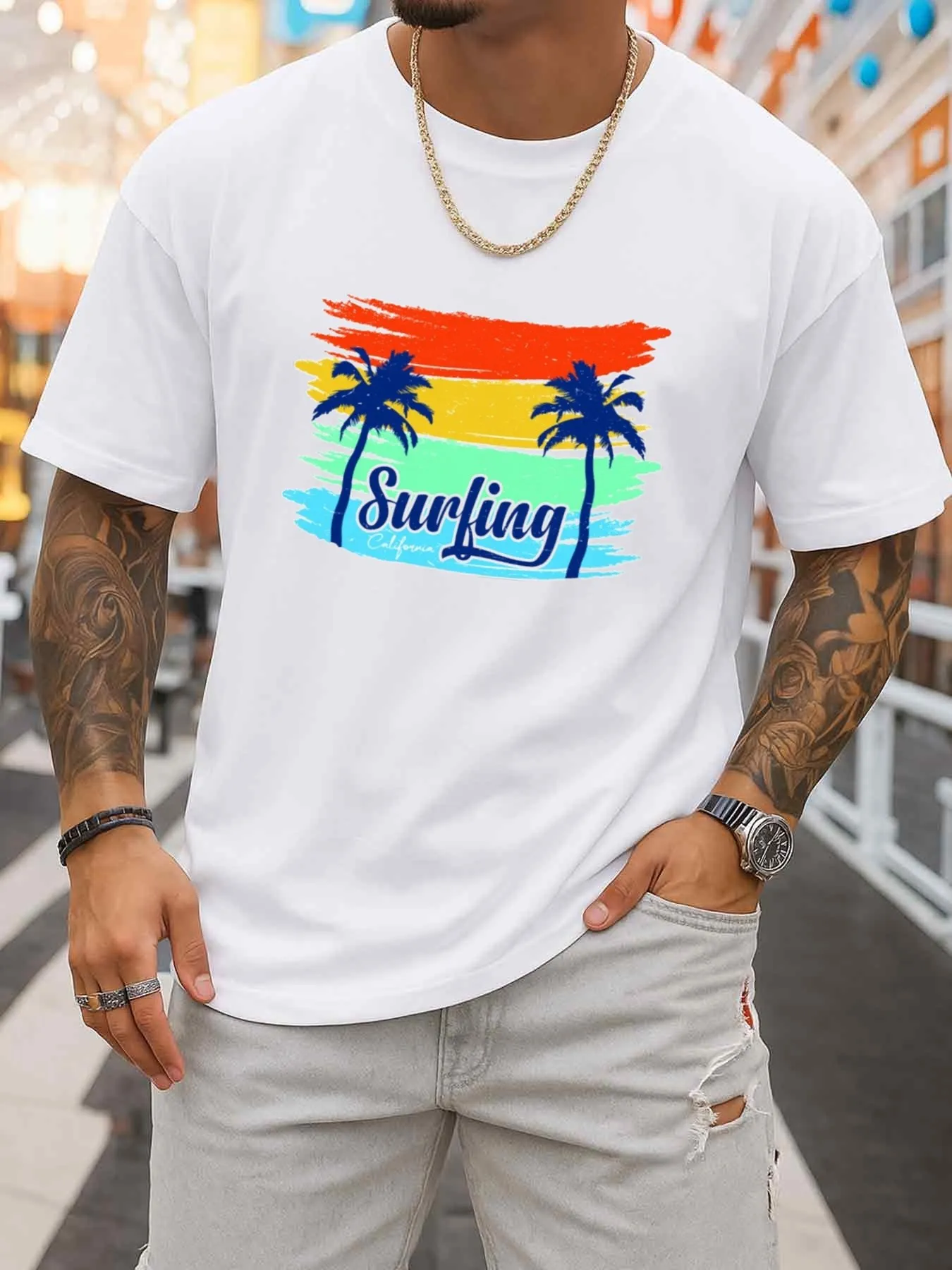 Men's California Palm Tree Print T-Shirt - Breathable Short-Sleeve Crew Neck Shirt, Suitable for Office, Dating, Travel, and Hip-Hop Street Style - Machine Washable Casual Wear, Perfect for Everyday Wear in All Seasons
